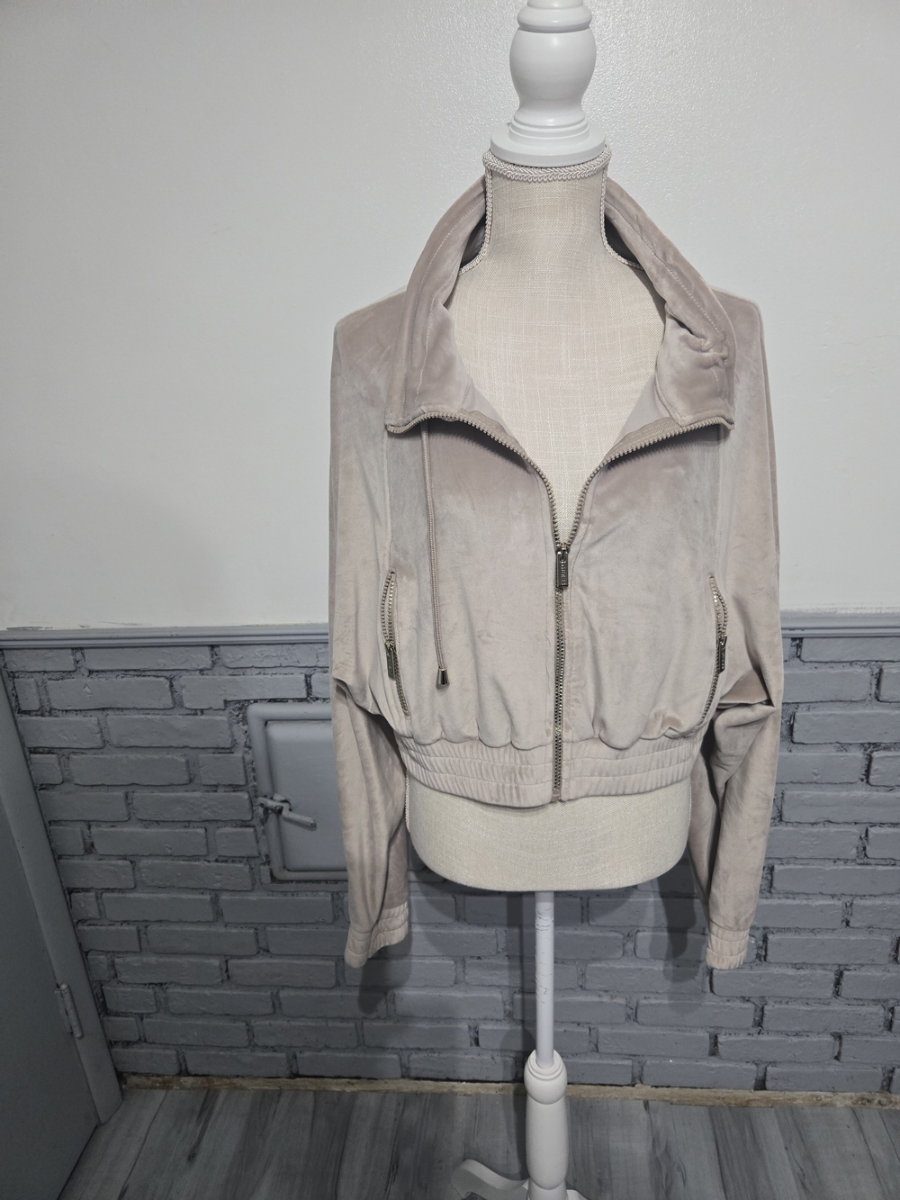 Guess Neutral Taupe Cropped Bomber Jacket